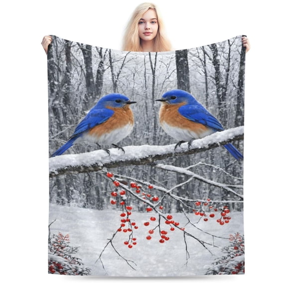 Winter Bluebirds Snow Blanket Snowy Forest Birds with Red Berries Soft Cozy Throw Blanket for Couch Bed Christmas Winter Holiday Decor 50x40