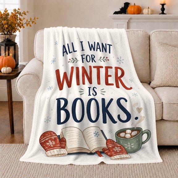 Winter Book Lover Reading Scene Snowflakes decorative motif Cheerful, Festive Holiday Scene, Warm Flannel Blanket for Living Room and Reading Nook, Art Lovers Friendship Gift, Artistic Home Decor