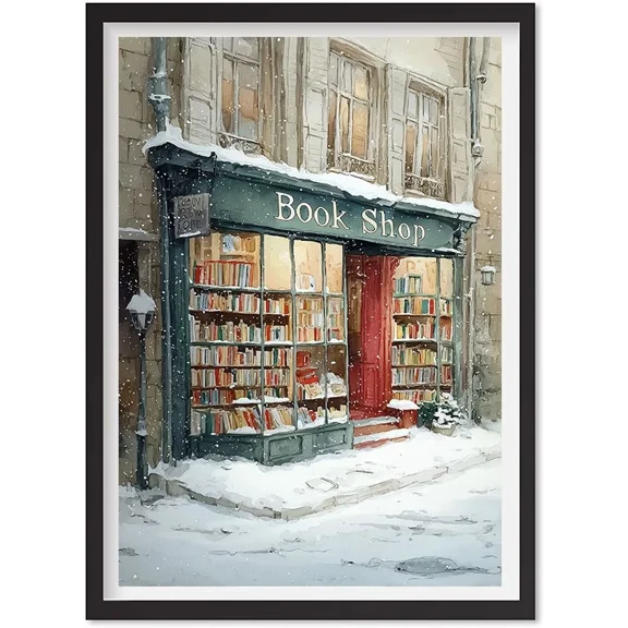 Winter Book Shop New York Wall Art, Reading Nook Print, Bookish Christmas Decor, Matte Canvas Stretched, Posters for Room Bedroom Living Room Bathroom Wall Decor, Posters & Art Prints, Gift.