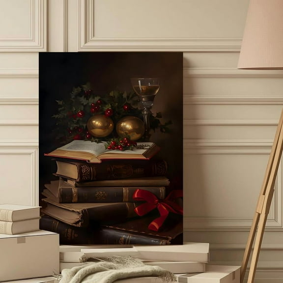 Winter Books Poster Still Life, Cozy Library Decor Warm Present Vintage UNFRAMED Poster Size 16x24