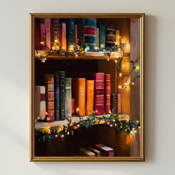 Winter Bookshelf Wall Art, Cozy Library Decor, Vintage Books With String Lights, Winter Academia Able Home Decor #823, Stretched Canvas Size 8x12