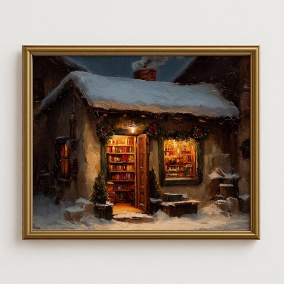 Winter Bookstore Cottage Wall Art, Cozy Winter Library Print, Snowy Reading Room, Festive Home Decor #904, Unframed Poster Size 12x18