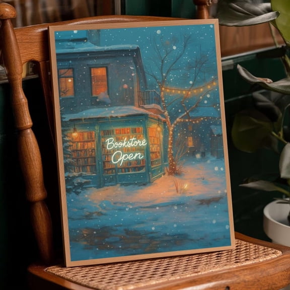 Winter Bookstore Print Cozy Street Scene Poster Decor, Unframed Canvas Size 16x24 F03.1.22l1018