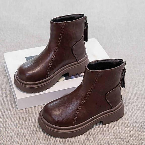 Winter Boots,Girls Leather Booties Stylish Warm Short for Kids Cozy Lined Footwear British Style for Winter,Kids White Boots,02 Brown,3.5-4 Years
