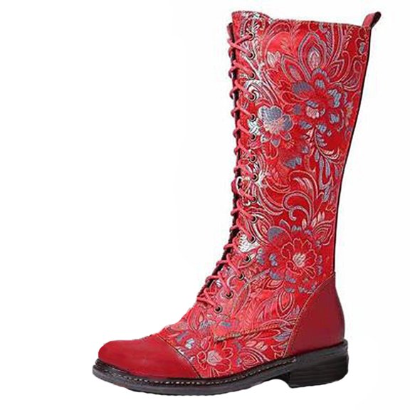 Winter Boots Women Cowboy Boots Comfortable Pull On Zipper Chunky Heel Pointed Toe Embroidered Western Cowgirl Knee High Boots Girls Ladies Retro Tall Boot Red 9.5