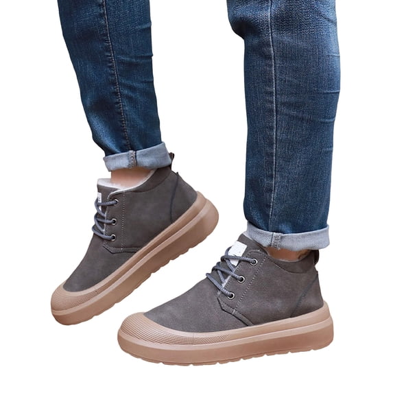 Winter Boots for Men Casual Suede Furry Lined Lace up Flat Walking Shoes Comfy Platform Soft Sole Nonslip Snow Booties Gray Size 11