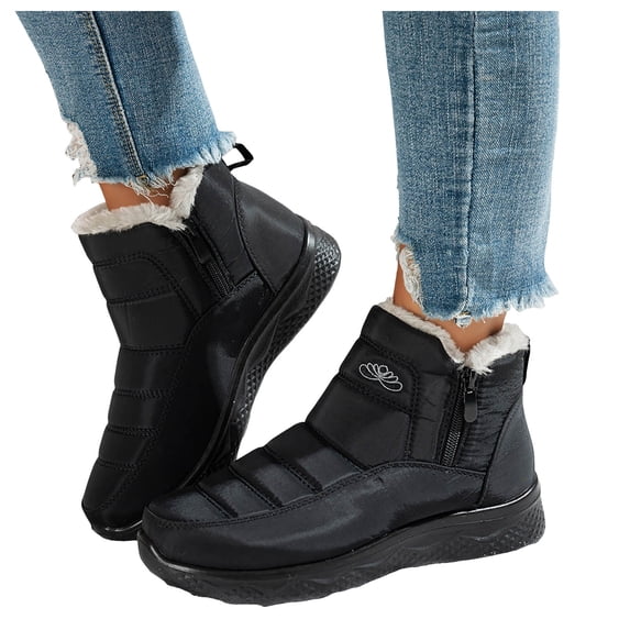 Winter Boots for Women Black Fleece Lined Slip on Ankle Snow Booties Lightweight Outdoor Walking Shoes