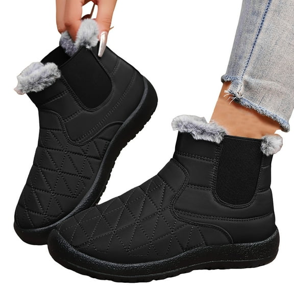 Winter Boots for Women Black Fleece Lined Slip on Ankle Snow Booties Lightweight Outdoor Walking Shoes