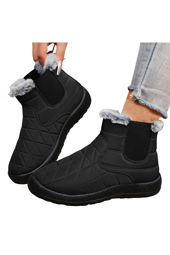 Winter Boots for Women Black Fleece Lined Slip on Ankle Snow Booties Lightweight Outdoor Walking Shoes