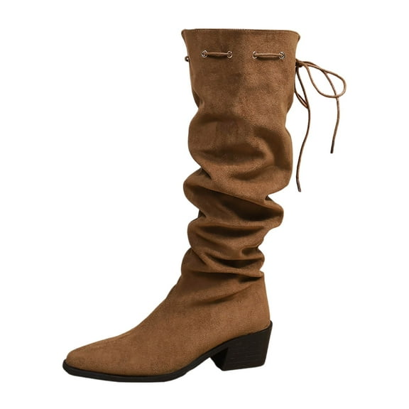 Winter Boots for Women Chunky Heel Pointed Toe Lace Up Booties Elegant Casual 2025 Trendy Mid Calf Side Zipper Suede Snow Boots