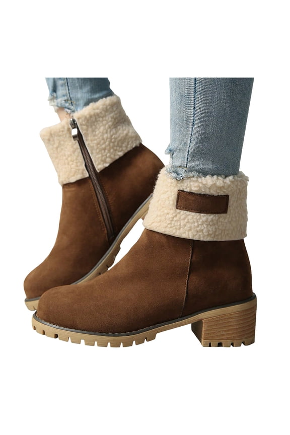 Winter Boots for Women Comfortable Pull on Suede Mid Calf Boots Zipper Stacked Heel Ankle Booties