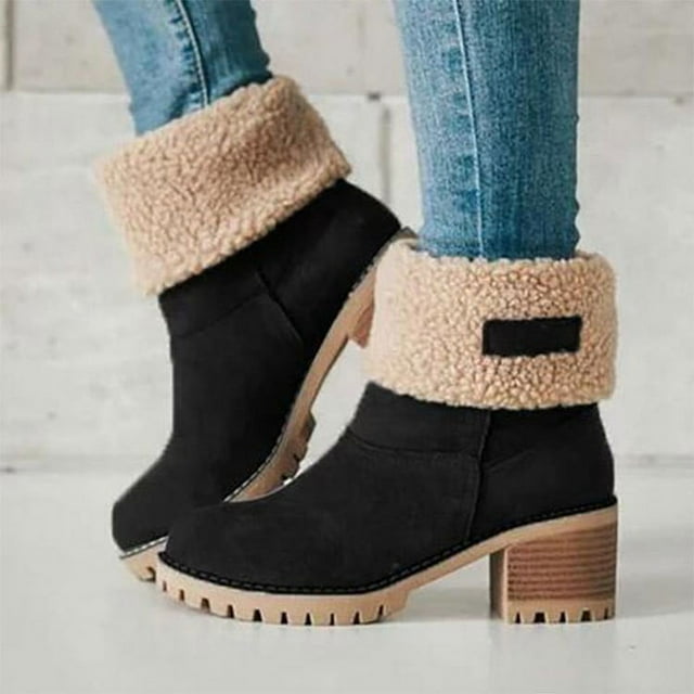 Winter Boots For Women Comfortable Slip On Mid Chunky Heel Suede Warm Snow Ankle Boots Outdoor 6484