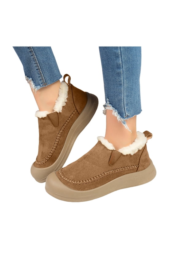 Winter Boots for Women Slip on Low Top Snow Booties Casual Round Toe Stitching Suede Comfy Fuzzy Antislip Ankle Boots Brown Size 9