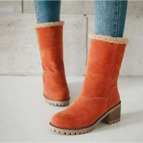 Winter Boots for Women Suede Boots Fur Lined Snow Boots Block Heel Booties Fleece Warm Mid-Calf Ankle Boot