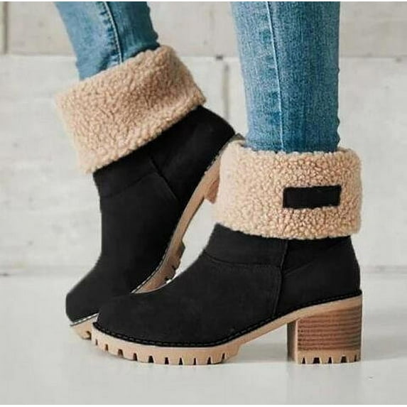 Winter Boots for Women Suede Boots Fur Lined Snow Boots Block Heel Booties Fleece Warm Mid-Calf Ankle Boot