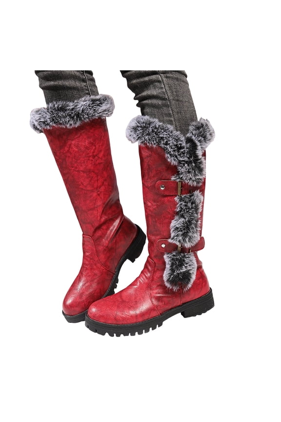 Winter Boots for Women Vintage Leather Buckle Strap Waterproof Mid Calf Riding Boots Pull on Lug Sole Low Heel Warm Plush Snow Booties