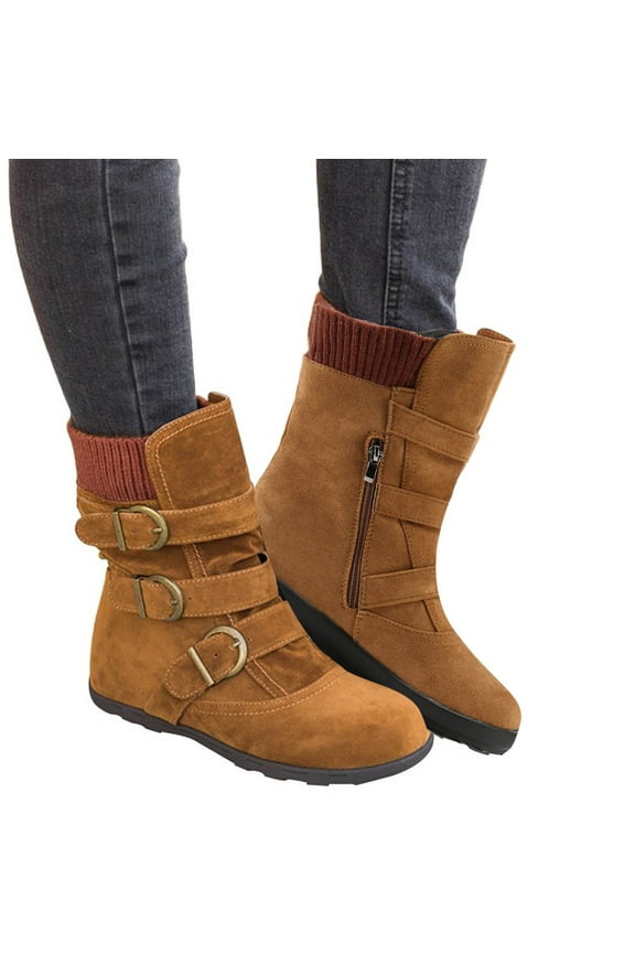 Winter Boots for Womens,Low Heel Slip On Casual Ankle Boots with Ring Buckle and Side Zipper Buckle Winter Bootie Brown Women Sandal