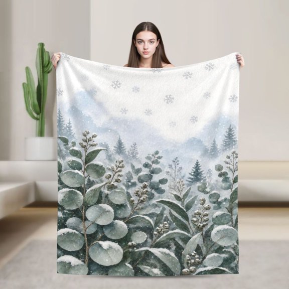 Winter Botanical Blanket Eucalyptus Snow Forest Flannel Throw Blanket Cozy Nature Home Decor Gift 50x40 in