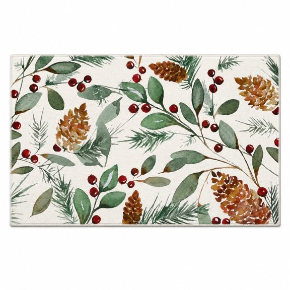 Winter Botanical Doormat, Pinecone and Berry Printed Entry Mat with Non-Slip Backing