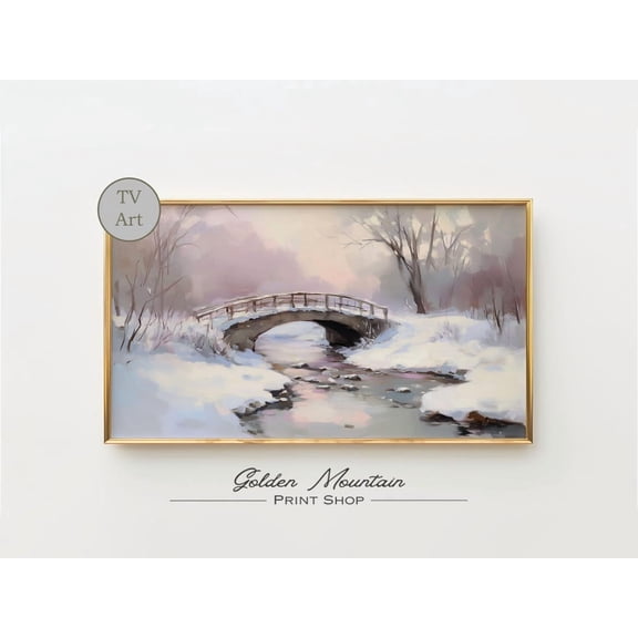 Winter Bridge Landscape, Snowy Creek Scene, Serene Pastel Winter Wall Art Winter Seasonal Decor Warm Present Vintage UNFRAMED Poster Size 24x36
