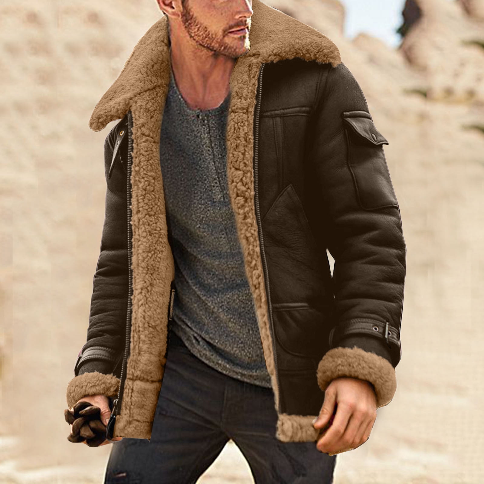 YYDGH Men's Long Sleeve Plus Size Lapel Leather Jacket Casual Faux