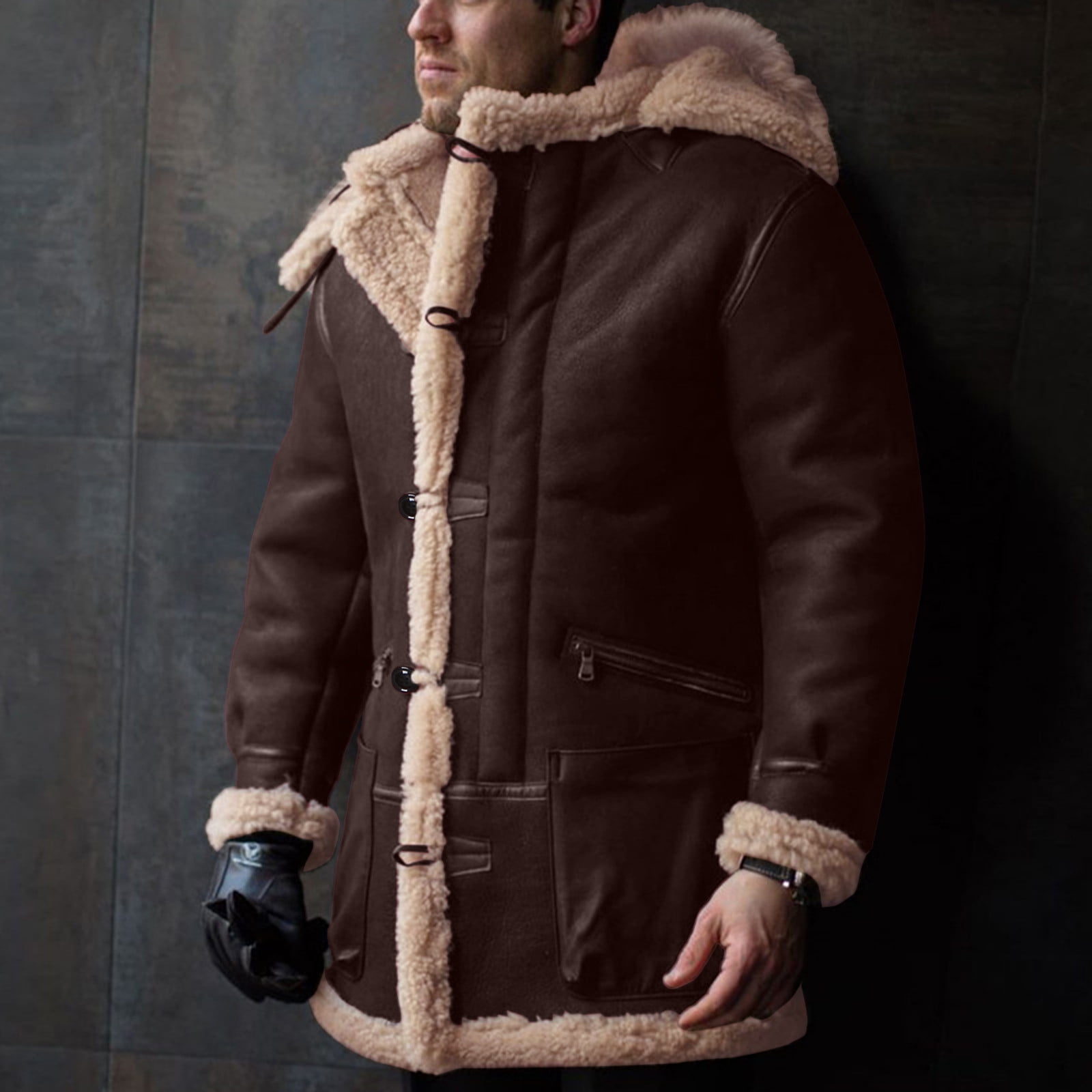 Winter Brown Jackets For Men Plus Size Hooded Button Coat Lapel Collar ...