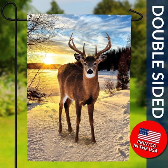 Winter Buck Double Sided Flag Sunrise Deer Snowy Landscape Wildlife Silhouette