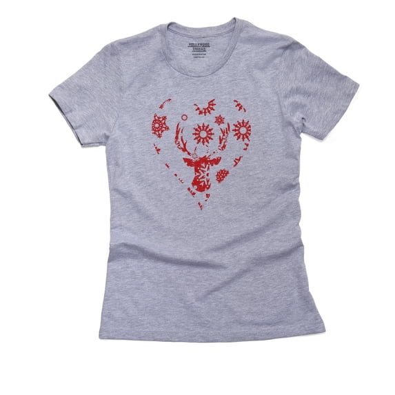 Winter Buck Red Snowflake Heart Women's Cotton Grey T-Shirt