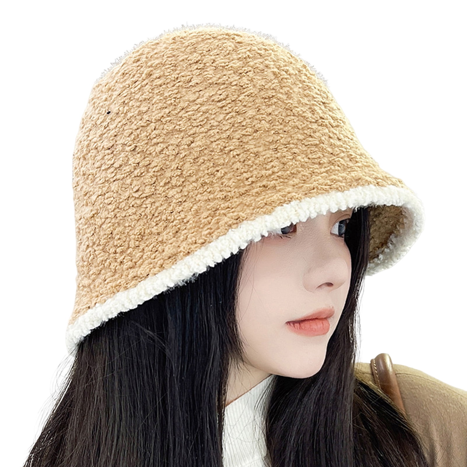 Winter Bucket Hat Contrast Color No Brim Plush Round Thick Keep Warm  Lightweight Portable Women Winter Cap for Outdoor,Khaki