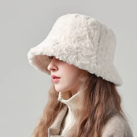 Winter Bucket Hat Fluffy Faux Fur Fisherman Cap for Women Men Solid Color Style