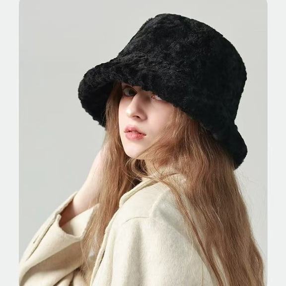 Winter Bucket Hat Fluffy Faux Fur Fisherman Cap for Women Men Solid Color Style