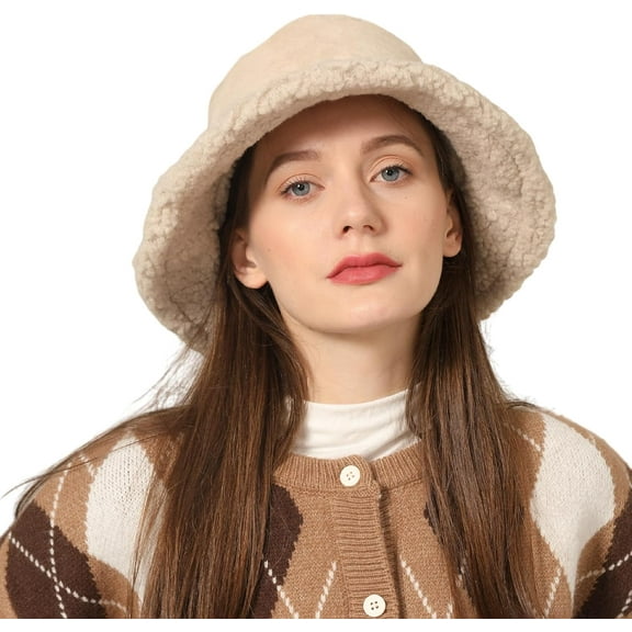 Winter Bucket Hat for Women, Reversible Warm Fleece Lined Fluffy Bucket Hats Wide Brim Foldable Fisherman Hat for Casual Travel Outdoor Sports