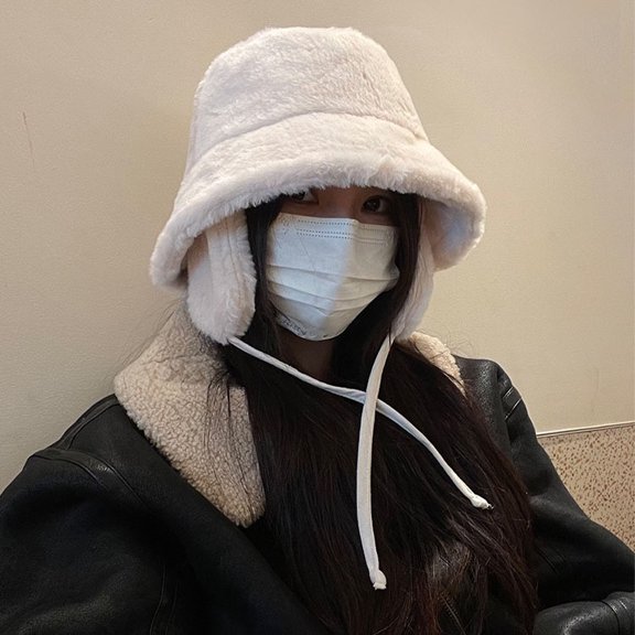 Winter Bucket Hat with Detachable Earflaps Fluffy Faux Fur Fisherman Cap for Women Men Solid Color Style