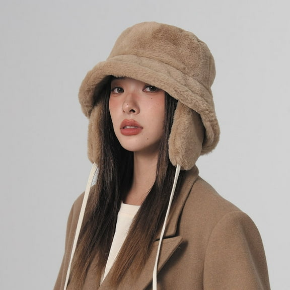 Winter Bucket Hat with Detachable Earflaps Fuzzy Fishing Hat Warm Beach Sun Hat Wide Brim Fisherman Cap for Women Travel Hat