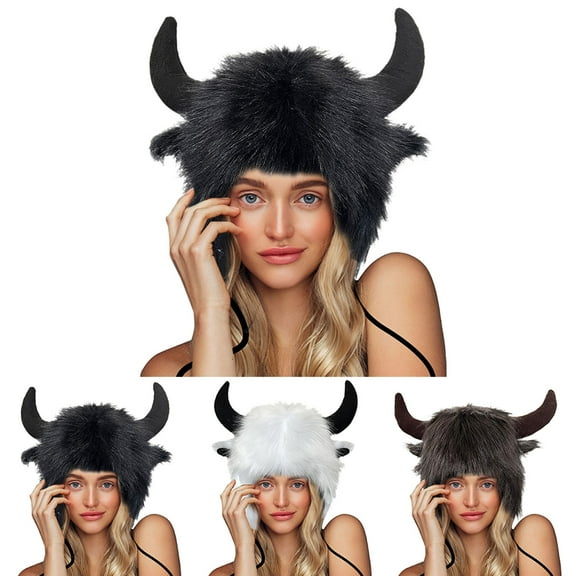 Winter Buffalo Hat With Horns Furry Earmuff Fluffy Face Ear Headwear Earflap Hat for Women