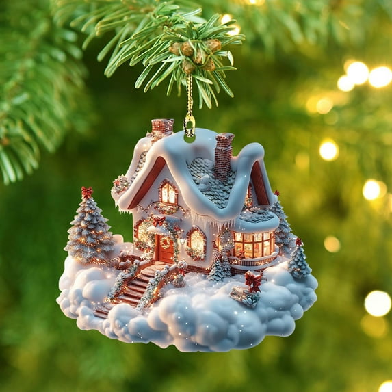 Winter Cabin Acrylic Christmas Ornament - Snowy Cottage Hanging Decoration for Trees Mantels Gift Tags Festive Home Decor(A)