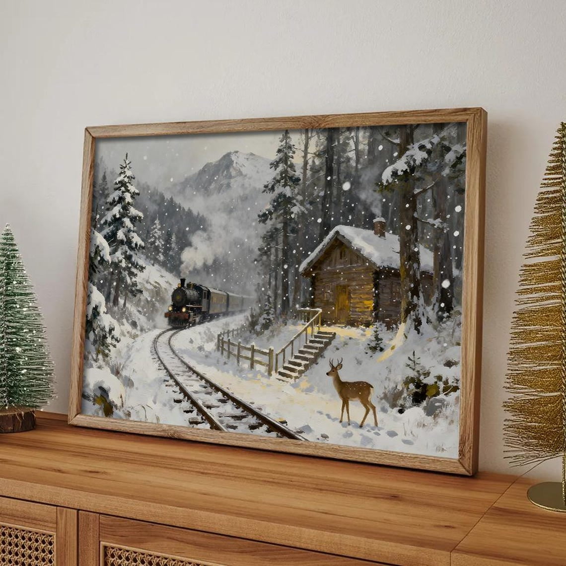 Winter Cabin And Train Wall Art Poster, Snowyest With Deer, Steam ...
