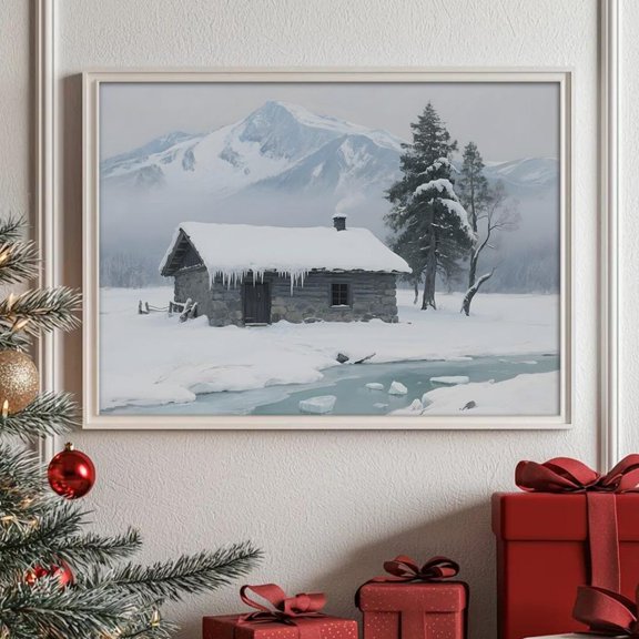 Winter Cabin Art Snow Landscape, Rustic Mountain Lodge Home Decor, 16x24 UNFRAMED
