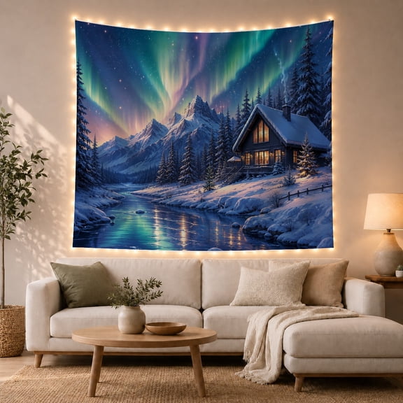 Winter Cabin with Aurora Borealis Over Snowy Mountains, Dreamy Rustic for Nature Lovers, Scenic Wall Art Decor, Christmas Gift, Tapestry Wall Hanging for Living Room and Bedroom