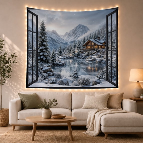 Winter Cabin Beside a Mountain Lake, Serene Digital Art for Nature Lovers, Alpine Forest Decor, Housewarming Gift, Tapestry Wall Hanging for Bedroom and Study Room