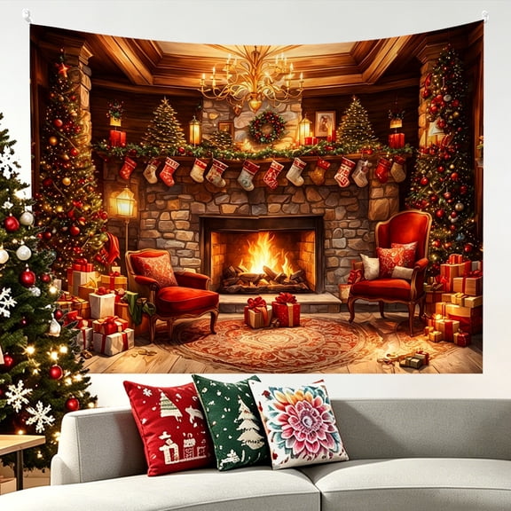 Winter Cabin Fireplace Stocking 2D Printed Tapestry,37x29/59x39/59x51/79x59 inch,Decorative Indoor Wall Hanging for Home
