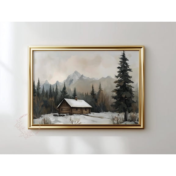 Winter Cabin In The Mountains Wall Art, Rustic Snow Landscape Home Decor #2327, Unframed Poster Size 8x12