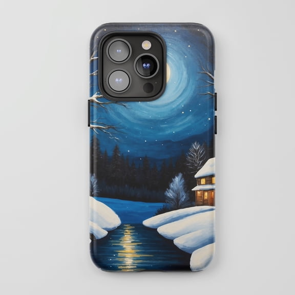Winter Cabin Moon Night For All iPhone Series Tough Phone Case Art Style Blue