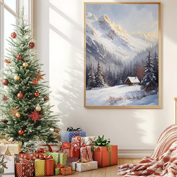 Winter Cabin Mountain Landscape Wall Art, Snowy Alpine Forest, Cozy Rustic Cabin Print, Wall Art, Home Decor #52, Unframed Canvas Size 16x24