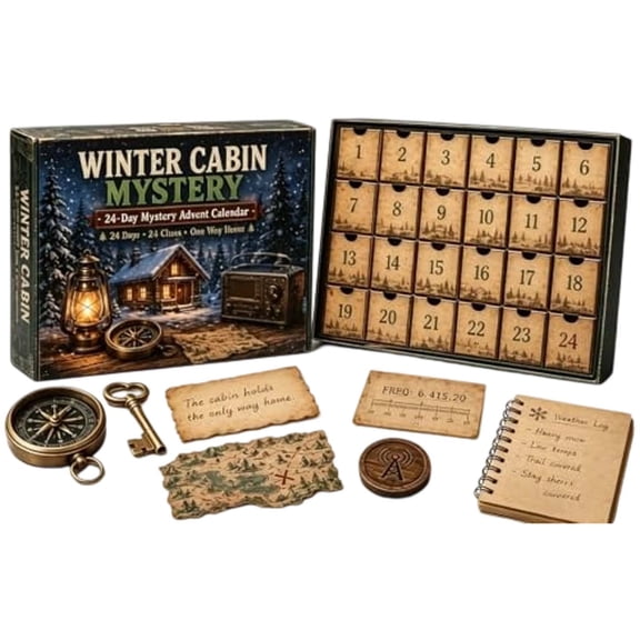 Winter Cabin Mystery Advent Calendar 2026, 24 Day Christmas Countdown Puzzle Game with 6 Story Themes, Escape Room Game for Family Game Night, and Adults Holiday Gift