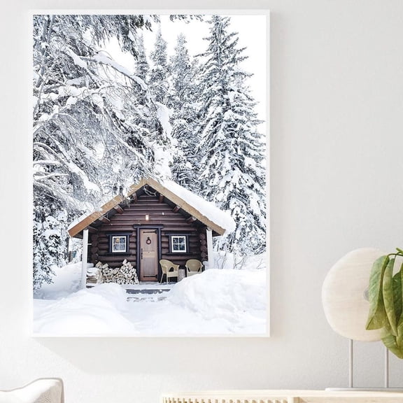 Winter Cabin Poster Snowy Forest Lodge Wall Art Home Decor, 12x18 UNFRAMED