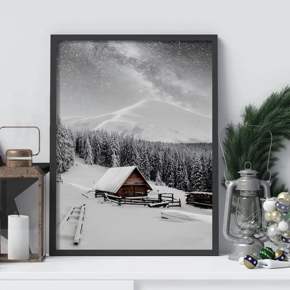 Winter Cabin Poster Snowy Mountain Landscape, Rustic Lodge Decor Home Decor, 8x12 UNFRAMED