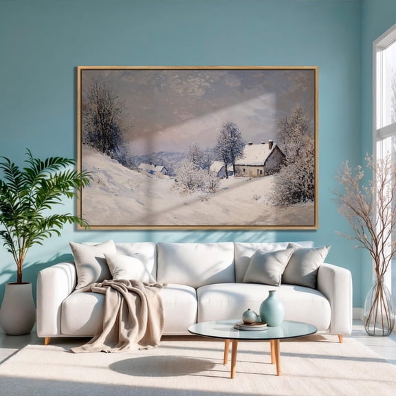 Winter Cabin Poster: Snowy Village Rustic Wall Art, Unframed Canvas Size 8x12