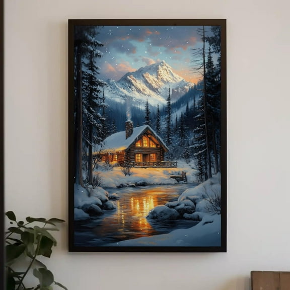 Winter Cabin Print, Vertical Wall Art, Cozy Snowy Mountain Decor, Kristmas Landscape, Rustic Log Cabin Fine Art Warm Present Vintage UNFRAMED Poster Size 8x12