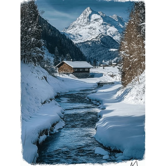 Winter Cabin River Landscape Canvas Print/Wall Art Suitable for Living RoomOffice Cabin Decor and Mountain Lodge Decor